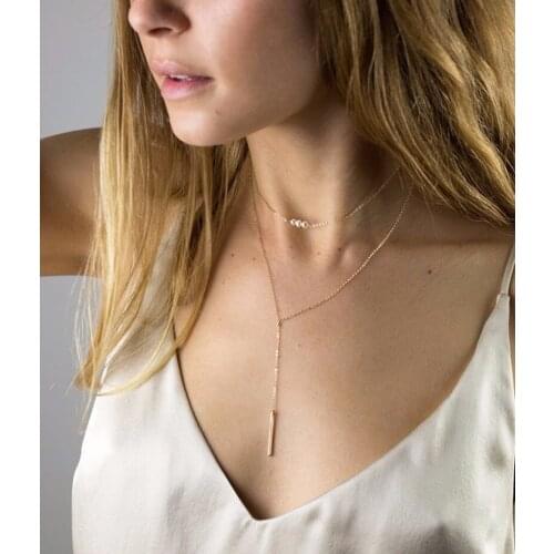 Double Layer Exquisite Square Strip Pendant Stick Necklace for Women Personality Handmade Pearl Strand Choker Necklace Jewelry