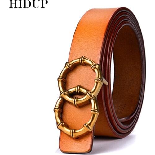HIDUP Ladies Quality Design Genuine Leather Belts Double Rings Pin Buckle Metal Belt for Women Accessories 2.3cm Width NWJ790