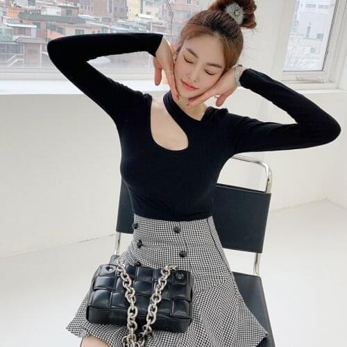 Korean Black Halter Shirts + Plaid Houndstooth Pleated Skirts Set Two Piece Tracksuit Casual Sweet Girls Outfits Streetwear C896