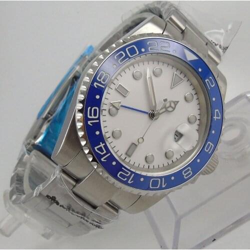 40MM Sterile White Dial Sapphire glass Date Blue Ceramic Bezel Steel Bracelet GMT Automatic Movement Mens Watch
