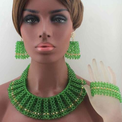 Handmade Crystal Beaded Bridal Necklace Set Romantic Green Chunky Bib Women African Jewelry Sets New Year Gift Free Ship W14037