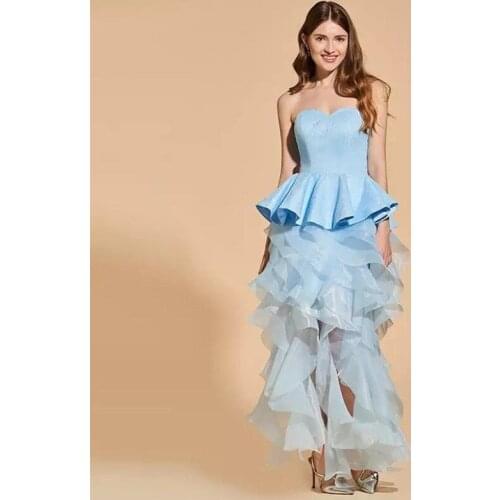Sky Blue Prom Dress Off Shoulder Ruffles Sleeveless Evening Dress Custom Made Ankle Length Party Dress