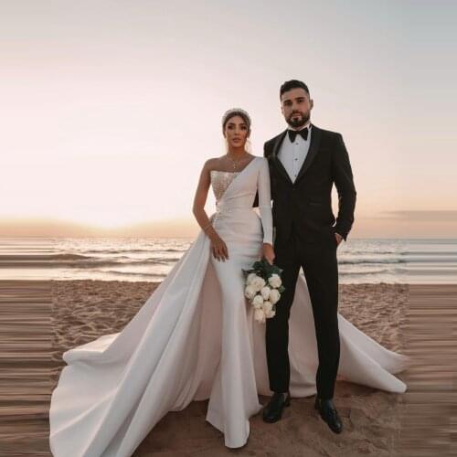 New Fashion Women Suits Wedding Dresses One Shoulder Long Sleeves Beaded With Overlay Train Dubai Arabic Bridal Wedding Gowns