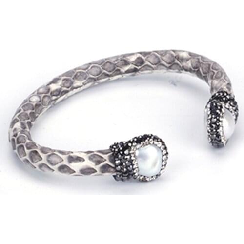Irragular Natural Freshwater Pearl Rhinestone Charm Jewelry Light Grey Real Snake Leather Wrap Open Bracelet Cuff Bangle Women