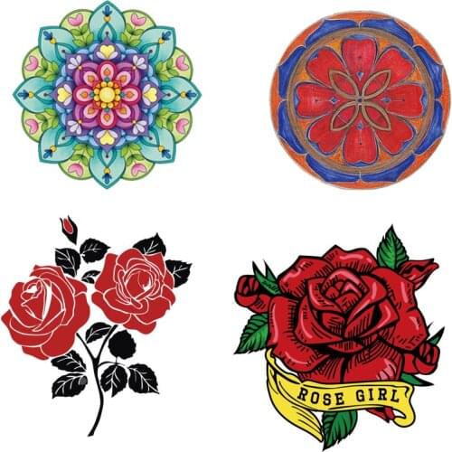 Iron- On Patch Transfers 4 Pieces/Lot Patches Diy New Design Heat Transfer For Clothing Mandalas Rose Flower Stickers Y-151