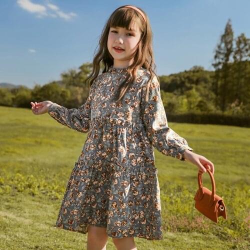 5 to 14 Years Girls Dresses Fashion Floral Print Long Sleeve Mid Long Gowns Kids Birhtday Wedding Party Dresses Children Clothes