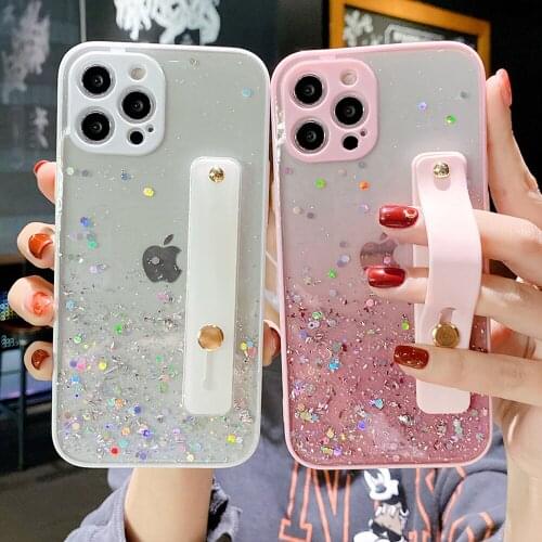 Glitter Sequins Wrist Strap Transparent Phone Case For iPhone 12 Pro 11 12 Pro Max XR X XS Max 7 8 Plus 12 mini Soft Epoxy Cover