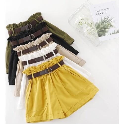 Korean High Waist Flower Bud Waist Short Femme With Belt Summer Black Loose Shorts Womens High Waisted Leather Shorts