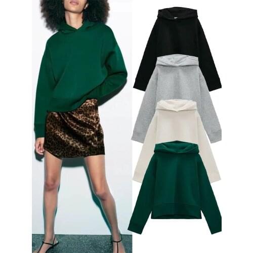 ZA autumn new womens four-color simple casual ribbed hooded sweater solid color pullover