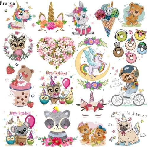 Prajna Cartoon Unicorn Animals Iron On Transfers Vynil Heat Transfer Owl Bear Koala Cat Ironing Sticker Thermal Patches For Kids