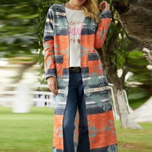 Vintage Pocket Windbreaker Long Cardigan Tops Autumn Women Elegant Patchwork Printed Loose Trench Harajuku Long Sleeve Coat 2021