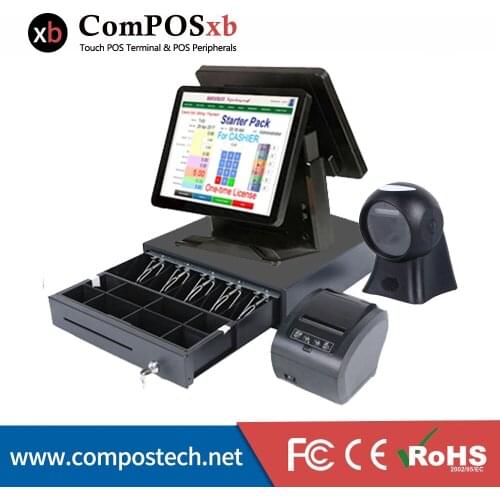 High quality 15+15 inch touch PC POS Terminal POS Systems with 2D scanner/printer/cash drawer