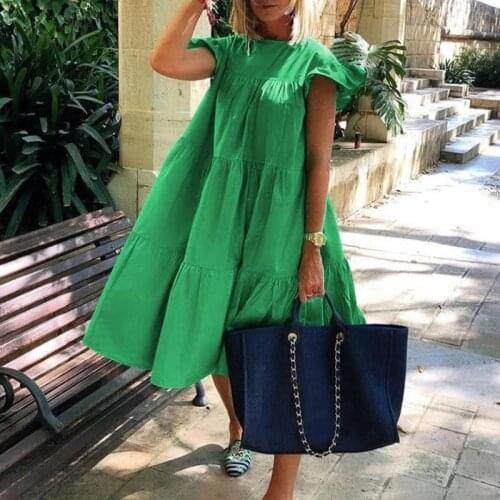 Women Short Sleeve Solid Dress Summer Casual Printed Oversized O-neck A Line Dress Ladies Beach Party Boho Mini Ruffled Dress