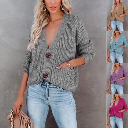 2021 Women Short Cardigan Knitted Sweater Solid V-neck Single-breasted Long Sleeve Streetwear Autumn Winter Pocket Coat Cardigan