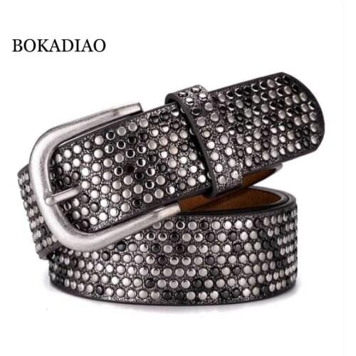 BOKADIAO women belt punk Pin buckle Vintage geometry Rivets luxury ladys original leather belts for woman waistband female belt