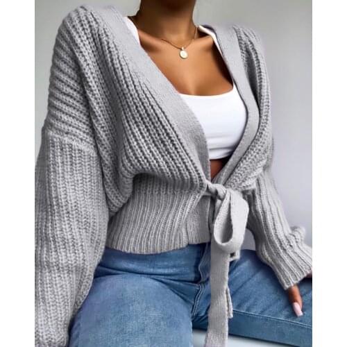 Womens Sweater V-Neck Cardigan Lace Up Bow Sweater Solid Color Females Coat White Purple