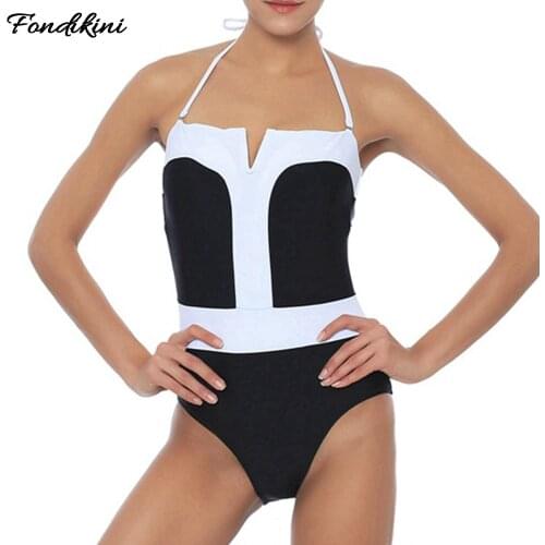 2020 Sexy Solid Splicing Swimsuit Women Backless Swimwear Female Summer Brazilian Bathing Suit Black Swimming Suit Monokini