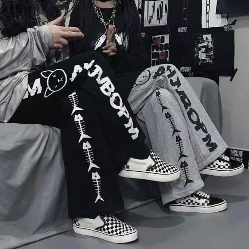 Harajuku cartoon printing fashion Japanese hip hop wide leg pants mens and womens casual Street elastic waist jogging pants