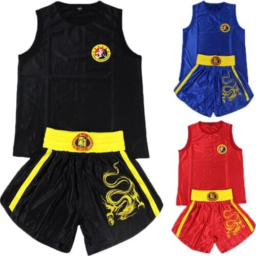 Kid Adult Embroidered Dragon Sanda Boxing Top and Shorts Muay Thai Costume for Men Women Martial Arts Performance Jersey Clothes