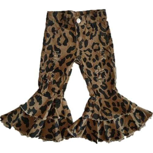 New Baby Girls Bell Bottom Blue Vintage Jeans Leopard Print Bell Bottom Denim Pants High Waisted Denim Pants For Teen