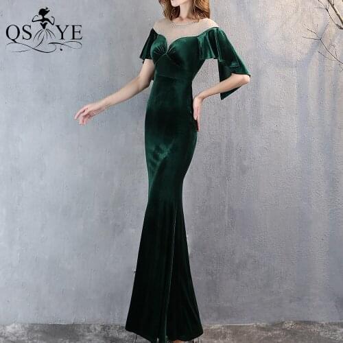Emerald Velvet Evening Dress Batted Sleeves Party Dress Mermaid Long Formal Stretch Sequin Bead Neck Party Gown Short Sleeves