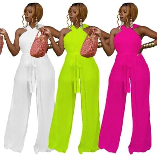 Women Fashion Solid Jumpsuits Mesh Patchwork Sleeveless Halter One Piece Overalls Waist Bandage Casaual Wide Leg Rompers S-XXL