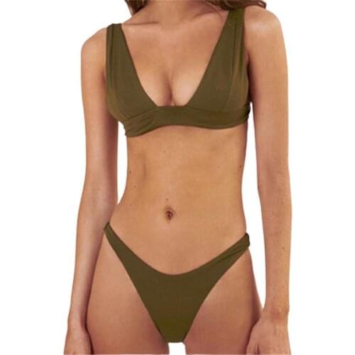 Bikini Set Solid Color Push Up Brassiere Two Pieces Set Women Deep V Neck Bra Briefs Swimwear Womens Swimsuits Sexy Swimwear