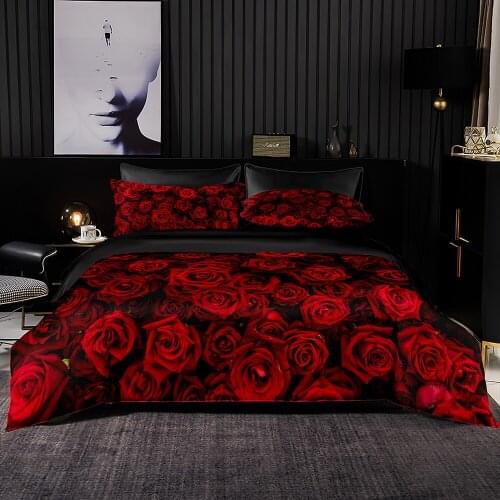 Romantic Luxury Style Duvet Cover Set With Pillowcase,220x260 Quilt Cover,228x228 Blanket Cover,Red Rose Pattern Bedding Set