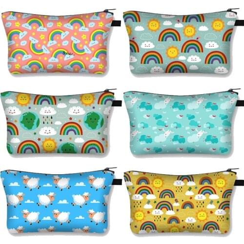 Cute Sheep Rainbow Clouds Sun Print Cosmetic Bag Women Toiletries Bags Leisure Makeup Case Portable Lipstick Box Organizer Gift