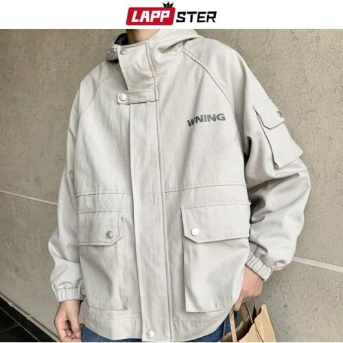 LAPPSTER Men Streetwear Patchwork Hooded Cargo Jacket Coat 2020 Man Black Harajuku Windbreaker Male Hip Hop Pocket Bomber Jacket