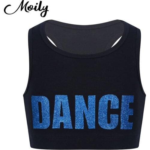 Fashion Kids Girls Cotton Ballet Dance Top Dancewear Sleeveless Racer Back Shiny Letters DANCE Printed Workout Sports Bra Tops