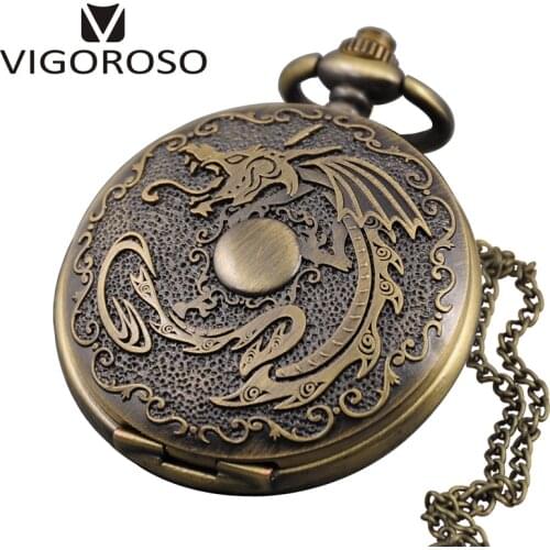 Mens Quartz Pocket Watch 1 PC Vintage Watch Necklace Gift Retro Dargon Pattern Watches Pendant On Chain