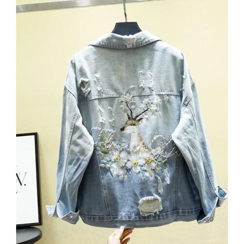 2020 Spring Autumn New Fawn Embroidered Denim Jacket Women Vintage Beading Print Hole Jeans Jacket Harajuku Denim Coat Tops G078