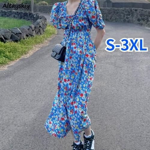 Dresses Women Printing Casual Holiday Colorful A-line Puff Sleeve Ins Vintage Elegant Girl Classy Ulzzang Chic Streetwear V-neck