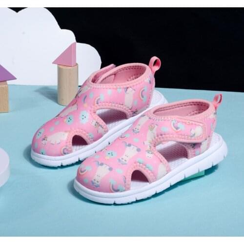 Summer Children Girl Sandals Pink Lamb Print Soft Mesh Breathable Non-Slip Sole Anti-Collision Beach Sandals