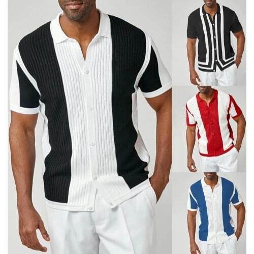 Dropship Men Turn-down Collar Shirt Patchwork Buttons Ribbing Short Sleeve Breathable Knitted Shirt Streetwear 2021 Men Shirt