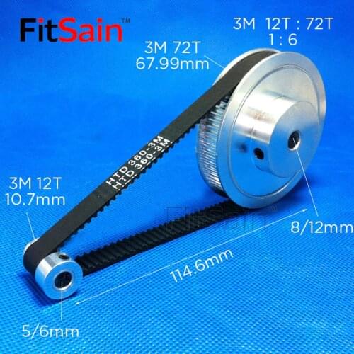 FitSain-3M 12T:72T 1:6 pulley synchronous wheel deceleration timing belt bandwidth 10 holes 5/6/8/12mm