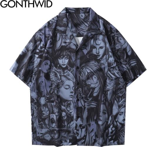 GONTHWID Hawaiian Beach Shirts Japanese Cartoon Anime Girl Button Down Shirt Streetwear Men Hip Hop Tropical Short Sleeve Shirts
