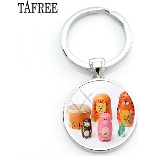 TAFREE Animals Russian Dolls Key Chain Cute Fashion Keychains glass cabochon for Bag Car Key round handmade Jewelry TW06
