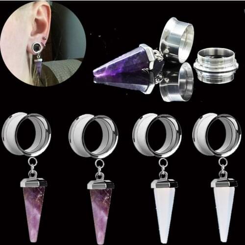 BOG-1 Pair Cone Shape Opal Stone Amethysts Stone Dangle Double Flared Ear Plugs Internally Thread Ear Tunnel Expander Ear Taper