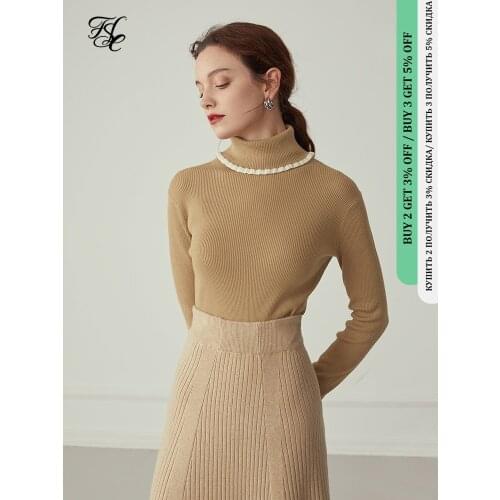 FANSILANEN Turtleneck ruffle black knitted sweater Women long sleeve slim black pullover Autumn winter basic vintage jumper top