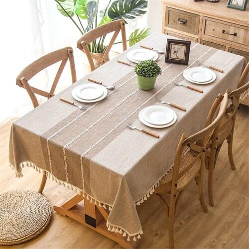 Waterproof Tablecloth Pure Pigment Color Imitation Cotton Linen Tassel Lace Geometric Rectangular Dining Table Coffee Table