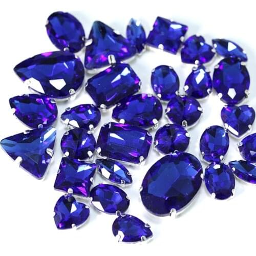 High Quality Mixed Shape Royalblue Glass Sew On Rhinestones with Gold Claw Deep Blue Sew On Claw Rhinestones For Garment Y3509