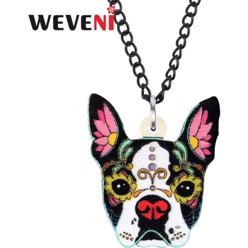 WEVENI Acrylic Halloween Floral French Bulldog Dog Necklace Lovely Animal Pets Pendant Jewelry For Women Kids Gift Decoration