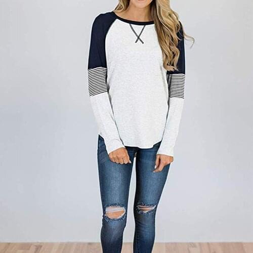 2020 Female T-Shirt Women Stripe Patchwork Casual Tops Shirt Tees Feminino Long Sleeve O-neck Autumn Clothes Chemise Femme