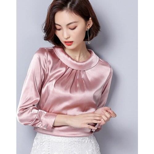 Womens Clothing Solid Color Bottoming T Shirt 2018 Autumn New Wild Self-cultivation Large Size Lapel Satin Tshirt Women