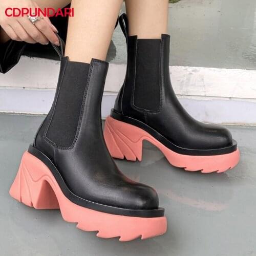 Ladies Genuine Leather High heels Platform Ankle Boot Women Autumn Winter Chunky Chelsea Short Boot Shoes bottes plateforme femm