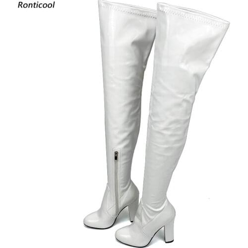 Ronticool New Fashion Women Spring Thigh Boots Block Heels Round Toe Pretty Violet White Black Party Shoes Women Us Size 5-20