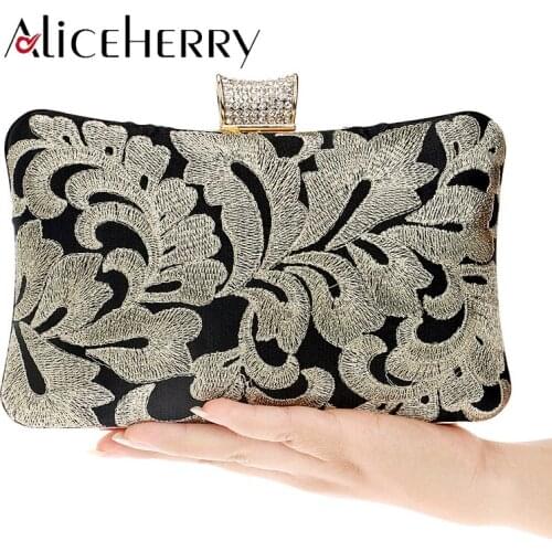 Women Embroidered Evening Clutch Bags Ladies Gold Black Day Clutches Purses Female Elegant Wedding Banquet Bag Retro