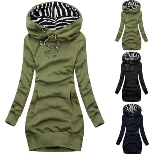 Women Warm Hooded Coats Casual Hoodie Pullove coat Women Autumn Long Sleeve Stripes Hood Sweatshirt Drawstring Mid-length Hoodie